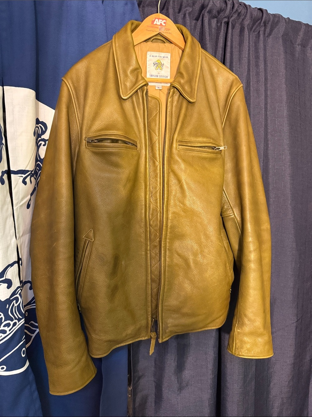 Taylor Stitch & Golden Bear Olive Green Leather Biker/Bomber Jacket